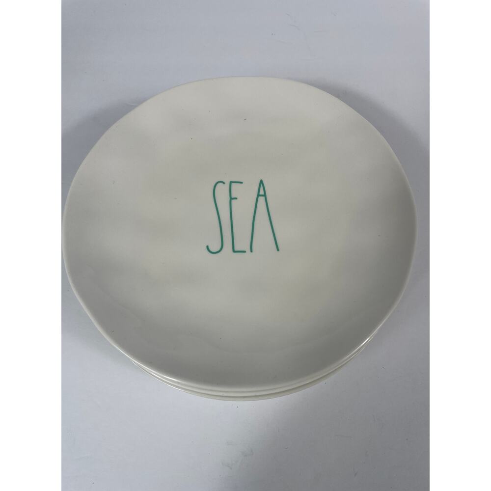 Lot Of 4 Rae Dunn Plates Beach Sand Sea Surf White With Green Blue - Picture 4 of 7